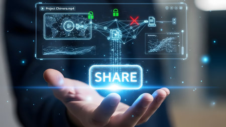 Holographic showing data sharing and security concept with holographic network and lock icons...