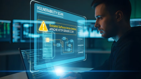 A man looks at a futuristic screen displaying a vulnerability scan and software alert. Clear deta...