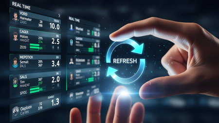 Fingers touch a glowing refresh icon on a digital data screen. Clear details and vibrant colors e...