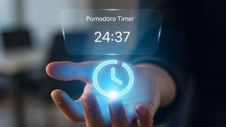 Hand holding a holographic Pomodoro timer displaying 24:37 and a clock icon. Clear details and vi...