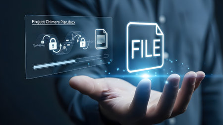 Hand holds a digital file icon next to a security process and a progress bar. Clear details and v...