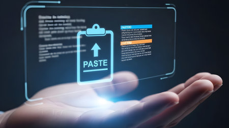 Futuristic clipboard with paste icon and text displayed on a transparent digital screen Clear det...
