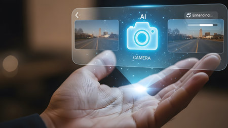 Hand holds holographic AI camera interface showing image previews and enhancement progress.の写真素材