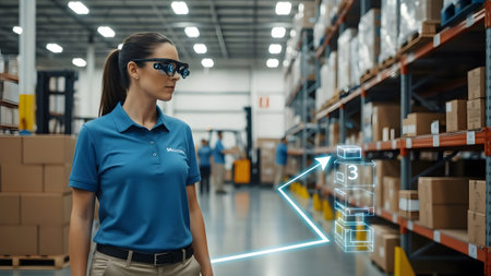 Female worker in warehouse uses AR glasses to scan inventory with holographic display. Clear deta...