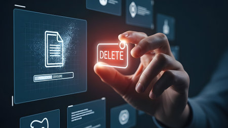 Finger presses DELETE button on digital interface showing document and erasure option Clear detai...の写真素材