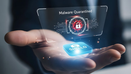 Hand displays holographic screen with virus icon and text Malware Quarantined. Clear details and ...