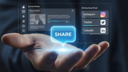 Hand holding a futuristic holographic interface displaying social media icons and a share button.