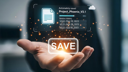 Hand holding a glowing SAVE button and a digital interface showing file version history.