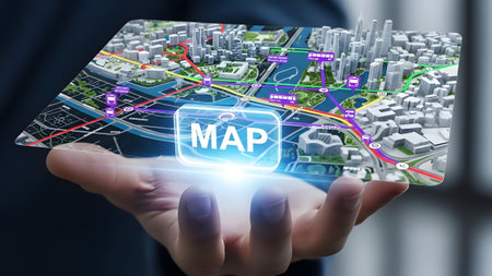 A hand holds a holographic city map with illuminated navigation routes. Clear details and vibrant...