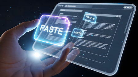 Hand holding a holographic paste icon and document on a digital screen. Clear details and vibrant...