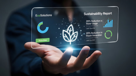 Hand displays transparent screen with sustainability report and eco logo. Clear details and vibra...