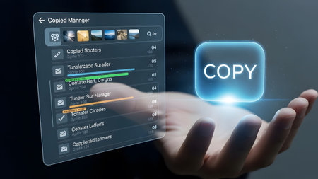 Hand holding a holographic interface with a glowing copy button and a list of files. Clear detail...