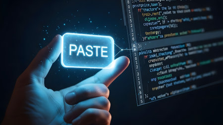 A hand touches a glowing blue paste button next to a computer screen displaying code. Clear detai...