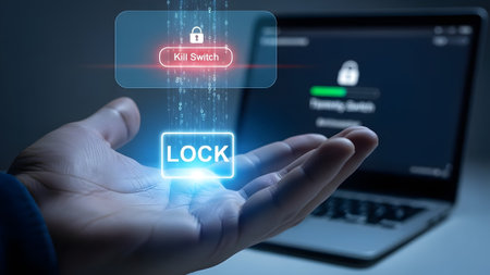 Hand holds glowing lock icon while kill switch is activated on laptop screen. Clear details and v...