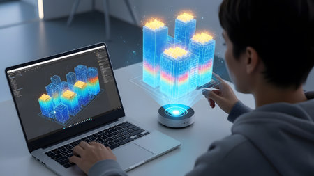 Person interacting with a holographic city model projected from a device. Clear details and vibra...