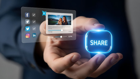 Hand holds transparent screen with social media icons and video player interface Clear details an...