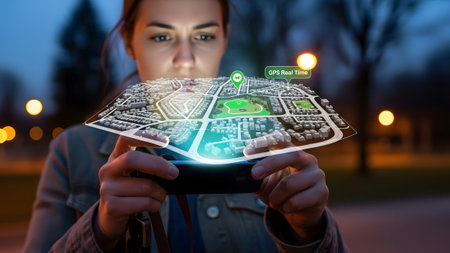 A woman views a holographic 3D city map with GPS navigation displayed on her phone. Clear details...