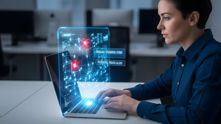 Woman looking at a futuristic digital interface with alerts for unusual spending spikes and fraud