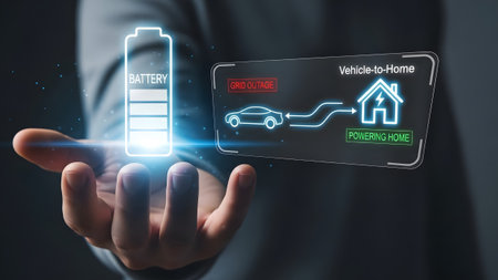 Diagram illustrates electric vehicle battery powering a home during a grid outage. Clear details ...の写真素材