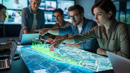 Diverse team collaborates around a glowing interactive map table in a modern control room.