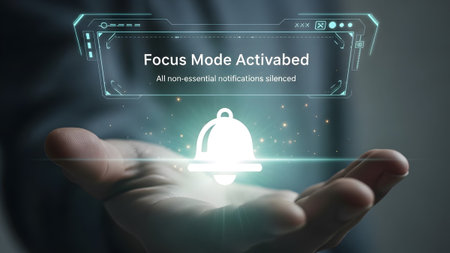 Hand holds an activated Focus Mode notification with a bell icon and text. Clear details and vibr...