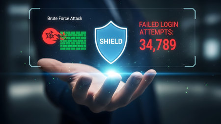 Hand displays cyber attack alert with shield and failed login attempts count. Clear details and v...