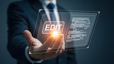 Businessman holds a digital document interface with an edit button and cursors. Clear details and...