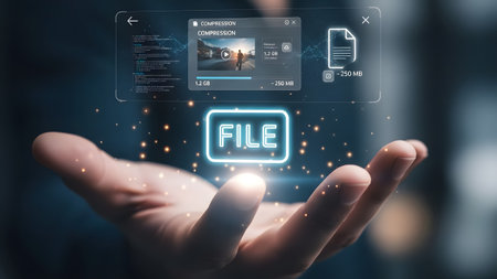 A holographic screen shows a file compression interface with data visualization and file size...