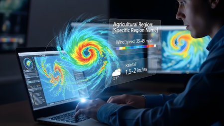 Man analyzes hurricane data on holographic display and laptop Clear details and vibrant colors en...