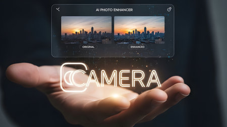 Hand displays holographic AI photo enhancer comparing original and enhanced city skyline images.