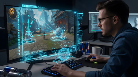 Game programmer interacts with holographic game elements displayed on a computer screen.