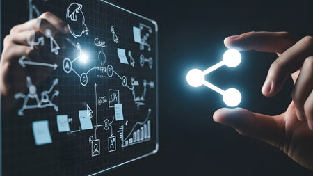 Person interacts with holographic business strategy diagram and glowing share icon Clear details ...