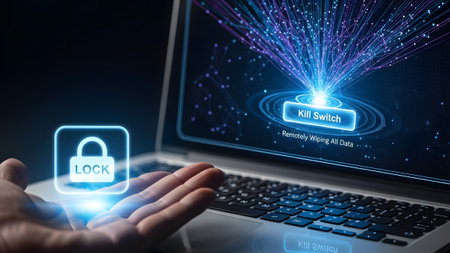 Hand holds glowing lock icon near laptop screen displaying kill switch and data wipe. Clear detai...