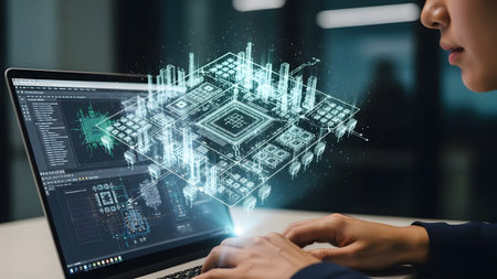 A person views a 3D holographic blueprint of a circuit board on a laptop screen. Clear details an...