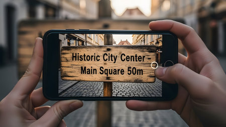 Hands holding a smartphone capturing a wooden signpost in a historic city. Clear details and vibr...の写真素材