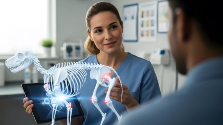 Veterinarian displays a holographic dog skeleton highlighting painful joints on a tablet.