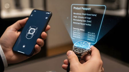 A smartphone and watch display a product passport hologram with verified blockchain ownership...