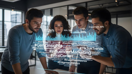 Young professionals collaborating on digital marketing strategy with holographic interface