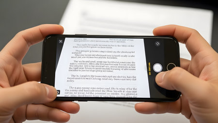 Hands hold a smartphone scanning a document, displaying text recognition on the screen. Clear det...