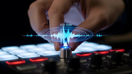 Hand turning a knob on a DJ mixer with a holographic LFO rate sound wave. Clear details and vibra...の写真素材
