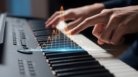 Hands playing a piano with a glowing orange and blue sound wave visualization. Clear details and ...の写真素材