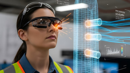 Woman in AR glasses analyzes a 3D building model with data and wind speed. Clear details and vibr...の写真素材