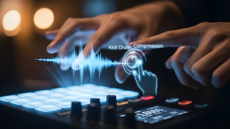 Hands interact with a music controller, showing a waveform and labels like Kick Drum. Clear detai...の写真素材