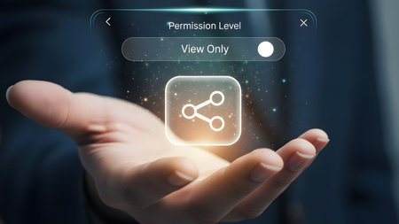 Hand holds glowing share icon with a toggle switch for view only permission setting. Clear detail...