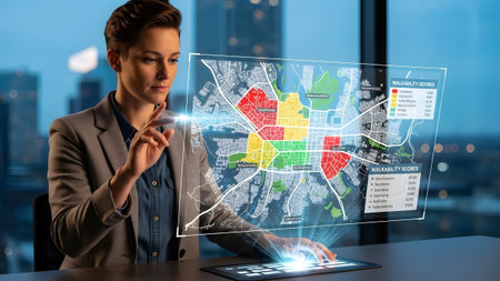 Woman analyzes city walkability scores displayed on a colorful holographic map. Clear details and...