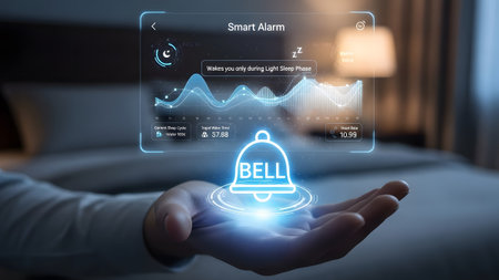Hand displays a futuristic smart alarm interface showing sleep data and a bell icon. Clear detail...の写真素材