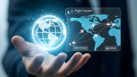 Hand holding a holographic flight tracker showing a global map with airplane routes. Clear detail...