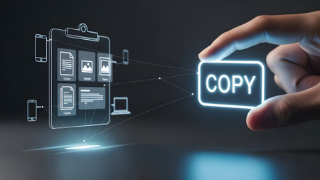 Hand activates copy function on digital interface connecting devices and data. Clear details and ...