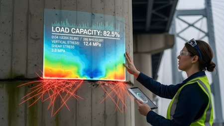 Woman in safety vest and goggles uses tablet and holographic display for structural analysis.