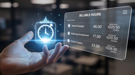 Hand holding a holographic interface displaying billable hours for various projects. Clear detail...